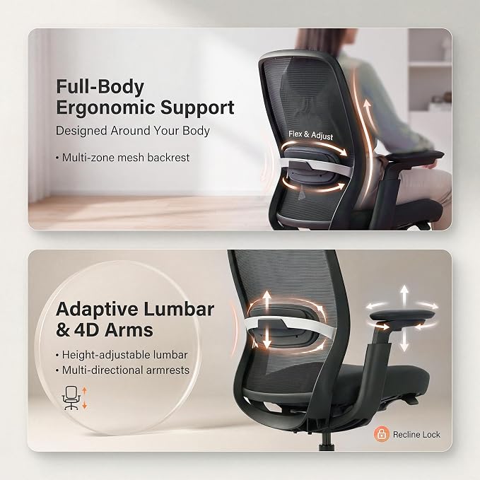 COLAMY Aether Executive Office Chair for Long Hours, One-Touch Easy Adjust Managerial Desk Chair with Levitating Seat Cushion & Pilot-Level Sync Armrests, 300 LBS Mid Back Mesh Computer Chair,Black