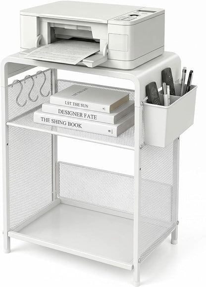 ECOLOVI 3 Tier Printer Stand for Under Desk, Height Adjustable Shelf Small Printer Table with 3 S-Hooks & Basket, Heavy Duty Industrial Storage Shelf for Home Office (White Metal)