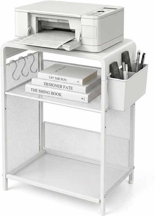 ECOLOVI 3 Tier Printer Stand for Under Desk, Height Adjustable Shelf Small Printer Table with 3 S-Hooks & Basket, Heavy Duty Industrial Storage Shelf for Home Office (White Metal)
