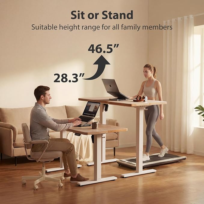 Cubiker Standing Desk, 55x28 Inches Sit Stand Home Office Desk, Electric Stand up Desk, Adjustable Desk with Splice Board, White Frame/Maple Top