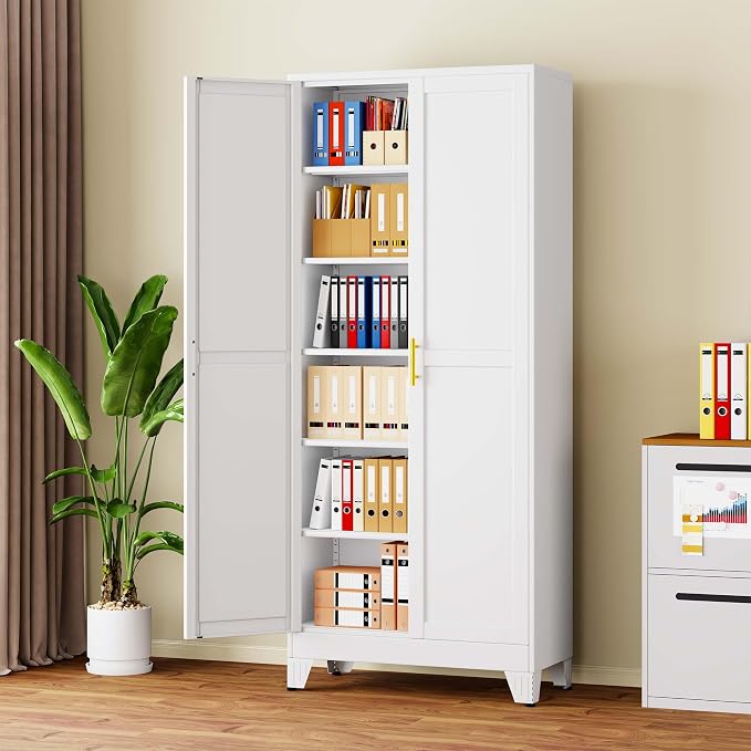 pozdeg 75" Tall Metal Storage Cabinet with 2 Doors & 5 Adjustable Shelves, Steel File Cabinet Multipurpose Organizer for Home Office Garage (White)