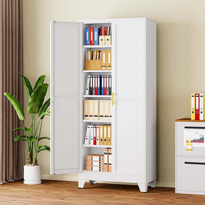 pozdeg 75" Tall Metal Storage Cabinet with 2 Doors & 5 Adjustable Shelves, Steel File Cabinet Multipurpose Organizer for Home Office Garage (White)