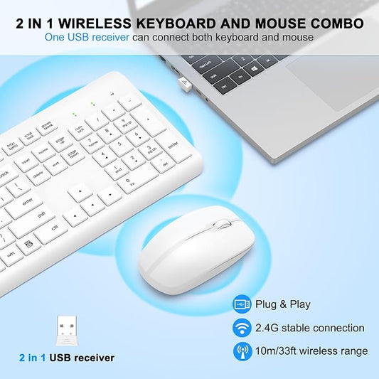 Wireless Keyboard and Mouse Combo, Full Size Silent Ergonomic Keyboard and Mouse, Long Battery Life, Optical Mouse, 2.4G Lag-Free Cordless Mice Keyboard for Computer, Mac, Laptop, PC, Windows(White)