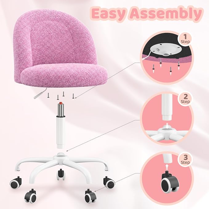 DurayLoly Vanity Chair Armless Cute Desk Chair with Wheels Soft Teddy Fleece Swivel Task Chair Adjustable Height & Silent Casters Ideal for Vanity Table, Bedroom & Dorm Lilac Purple