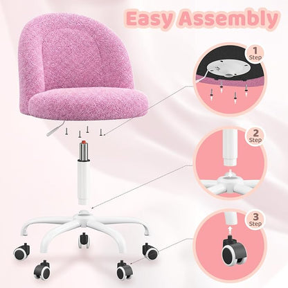 DurayLoly Vanity Chair Armless Cute Desk Chair with Wheels Soft Teddy Fleece Swivel Task Chair Adjustable Height & Silent Casters Ideal for Vanity Table, Bedroom & Dorm Lilac Purple