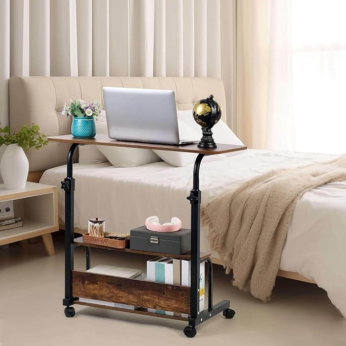Adjustable Table Student Computer Desk Portable Home Office Furniture Small Spaces Sofa Bedroom Bedside Learn Play Game on Wheels Movable with Storage Size 31.5 * 15.7 in Oak D