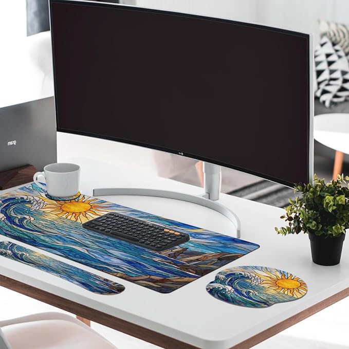 Britimes Blue Ocean Coastal Keyboard Mouse Pad Set Sunrise Abstract 4in1 Large Mousepad+Keyboard Wrist Rest+Mouse Wrist Rest+Coaster Ergonomic Design for Home Office Computer 35.4x15.7 inches
