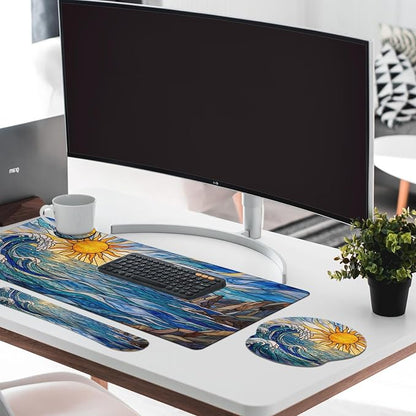 Britimes Blue Ocean Coastal Keyboard Mouse Pad Set Sunrise Abstract 4in1 Large Mousepad+Keyboard Wrist Rest+Mouse Wrist Rest+Coaster Ergonomic Design for Home Office Computer 35.4x15.7 inches