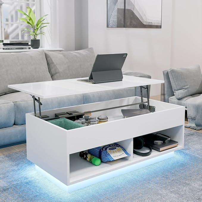 HOMMPA 40" Modern LED Coffee Table with Storage for Living Room, Lift Top Coffee Table with 2 Shelves, High Glossy Wooden Dining Table, Multifunctional Furniture for Bedroom/Home Office, White