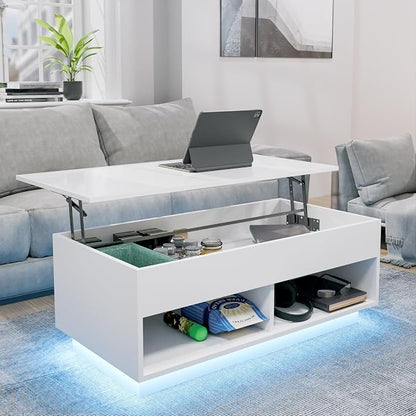 HOMMPA 40" Modern LED Coffee Table with Storage for Living Room, Lift Top Coffee Table with 2 Shelves, High Glossy Wooden Dining Table, Multifunctional Furniture for Bedroom/Home Office, White