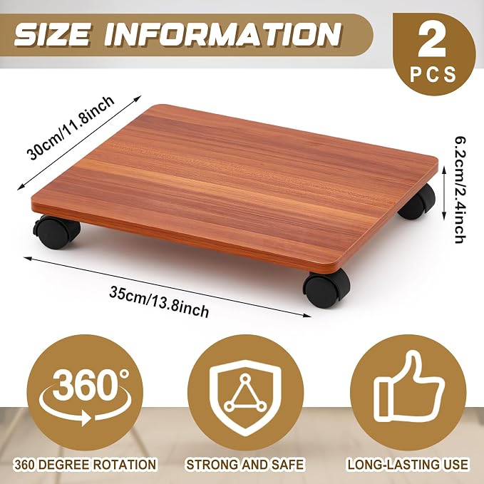 Beeveer 2 Pcs Office Under Desk Printer Stand with 4 Caster Wheels Walnut Movable Printer Copier Shelf and CPU Holder for Home Office Heavy Duty Storage Rack Scanner Fax Machine, 13.78 x 11.81 Inches