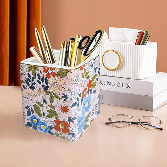 Pen Holder for Desk, Ceramic Pencil Cup, Stylish Abstract Terrazzo Marble Stone Print Organizer Makeup Brush Holders for Home Office (Flower)