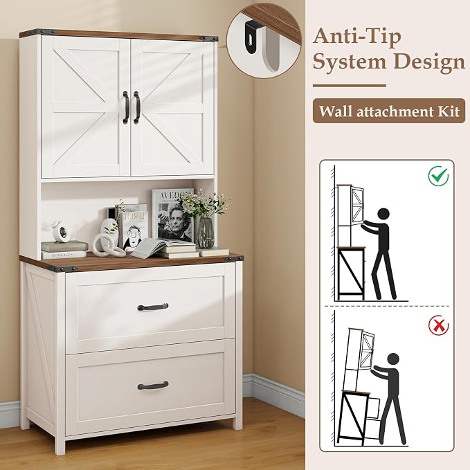 Halitaa File Cabinet 2 Drawers Lateral File Cabinet with Adjustable Shelf for Letter/Legal/A4 Size Hanging Files, Large Wood File Storage Cabinets Printer Stand for Home Office, Rustic White