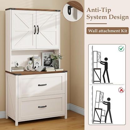 Halitaa File Cabinet 2 Drawers Lateral File Cabinet with Adjustable Shelf for Letter/Legal/A4 Size Hanging Files, Large Wood File Storage Cabinets Printer Stand for Home Office, Rustic White