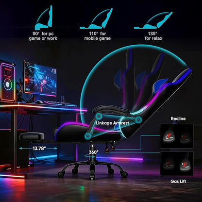 Czlolo Gaming Chair, 2026 Upgraded RGB LED Lights Computer Chair with Footrest, Lumbar Support Massager Gamer Chair, High Back, 90-135° Reclining, Linkage Armrests, Blue