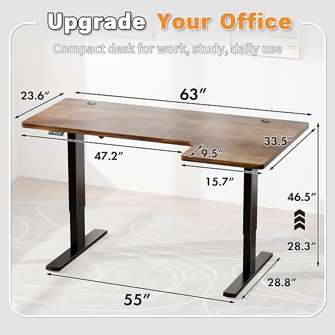 Realbear 63 Inch Electric L Shaped Standing Desk, Height Adjustable Standing Corner Desk with 3 Memory Presets, Ergonomic Workstation Office Desk for Home/Office (Rustic Brown, 63 Inch)