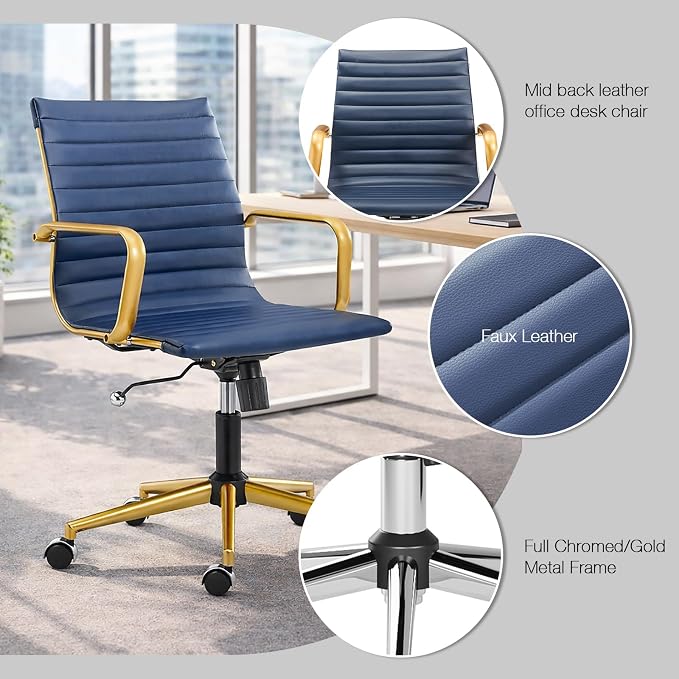 COROCC Office Desk Chair Modern Conference Room Task Chairs Leather Computer Swivel Excutive Ribbed Ergonomic Rolling Gold Desk Chair for Home Office