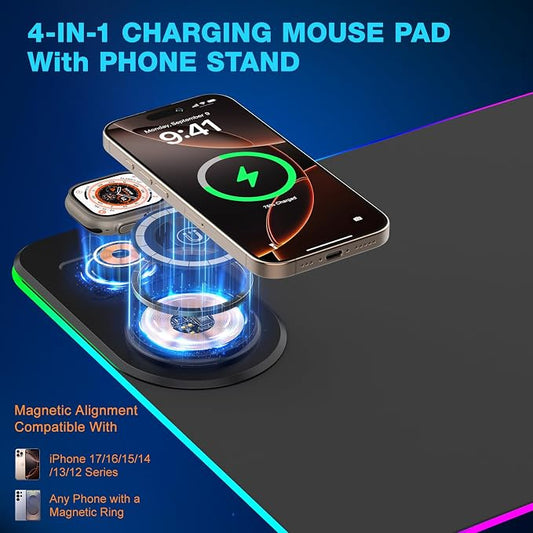 Gaming Mouse Pad Wireless Charging - Desk Mat Magnetic Foldable Phone Stand 15W Fast Charge, RGB Extended Large Keyboard Mousepad - PC Laptop Desk Pad for Work Game (Adapter Not Included)