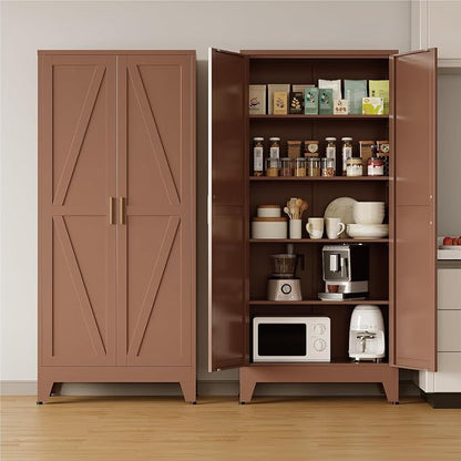 COFaR Metal Pantry Cabinet with Doors, Farmhouse 71'' Tall Storage Cabinet with 4 Adjustable Shelves, Kitchen Pantry Cabinet for Dinning Room, Garage, Laundry, Bathroom, Brown 5-Tier