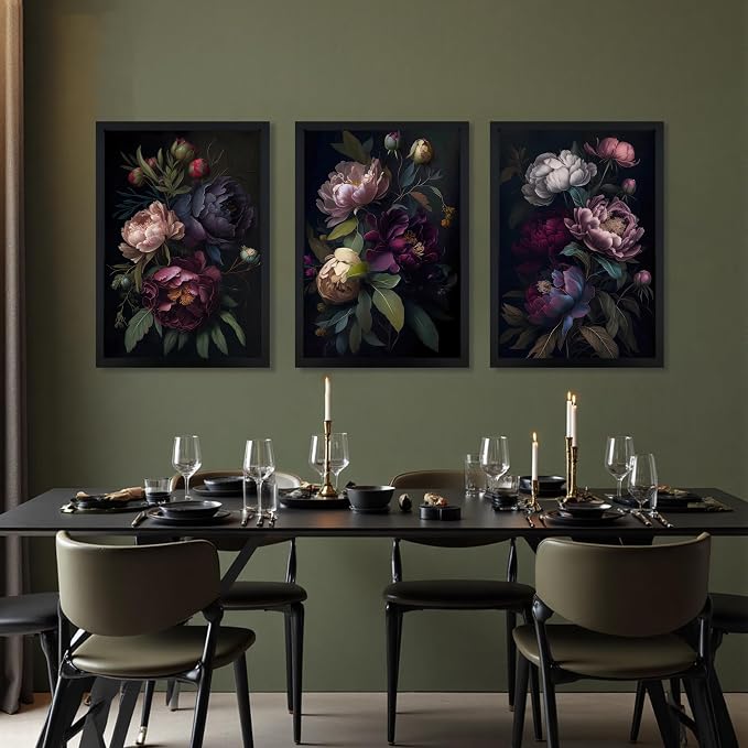 ICHZUMW Moody Peony Floral Canvas Wall Art Set of 3, Black Wood Framed Dark Academia Gothic Botanical Wall Decor, Ready to Hang Fade‑Resistant Flower Pictures for Bedroom Living Room Bathroom, 12×16in