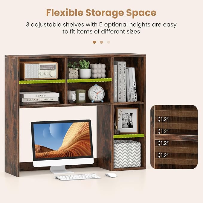 GOFLAME 7 Cubes Desktop Bookshelf, 37” Desk Organizer Shelf with 3 Adjustable Shelves, 3-Tier Wood Countertop Display Rack, Multipurpose Tabletop Desk Hutch for Dorm, Home Office, Rustic Brown