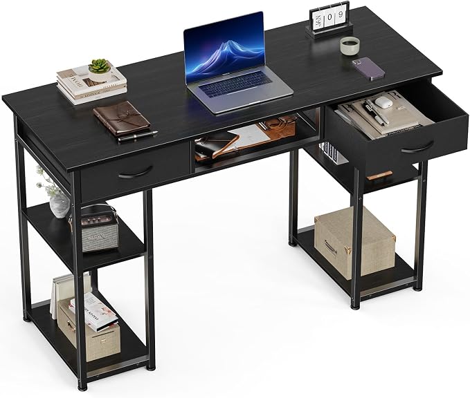 OLIXIS Computer Desk with 3 Drawers Study Writing Table with Storage Bag Headphone Hook Adjustable Feet for Home Office Small Spaces