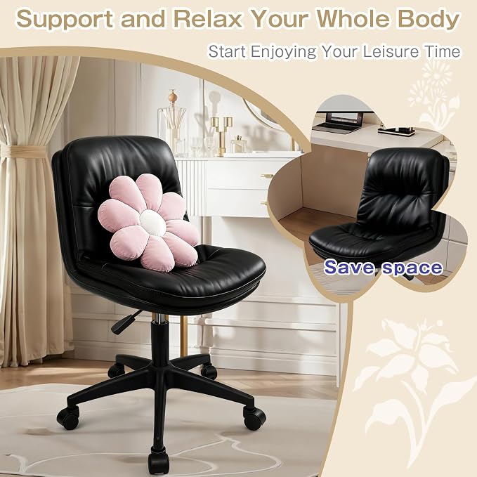 Small Office Desk Chair, PU Leather Armless Swivel Chair with Lumbar Pillow, Height Adjustable Task Chair for Small Spaces, Bedroom & Vanity Black