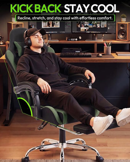 Dowinx Ergonomic Gaming Chair with Footrest & Massage Lumbar, 2D-Linkage Armrests for Computer Chair 330lbs with Headrest Pillow for Office, Home, Streaming and Long Gaming Sessions, Fabric Dark Green