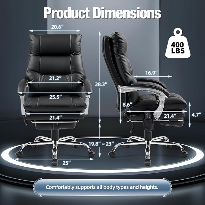 Massage Office Chair with Foot Rest, 400 LBS Ergonomic Executive Chair, High Back Reclining Leather Desk Chair with 135° Recline, 6-Point Vibration and Heat, Modern