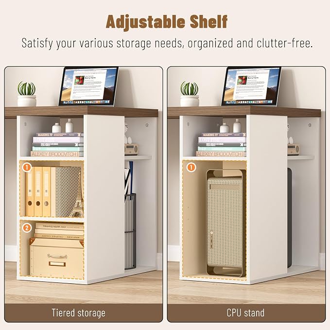 EXCEFUR Modern Computer Desk for Home Office, PC Gaming Desk with Reversible Storage Shelves, Study Writing Table Workstations for Living Room, 53 Inch, Rustic Oak and White