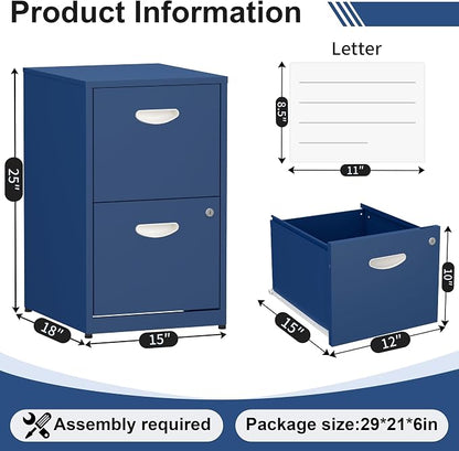 2 Drawer File Cabinet with Lock,Blue Small Filing Cabinet for Home Office,Metal Vertical File Under Desk Cabinets for A4/Letter,Assembly Required