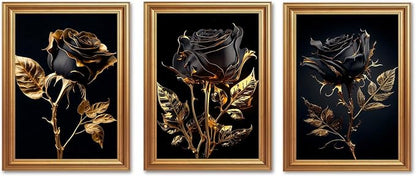 ICHZUMW Black and Gold Wall Decor, Gold Framed Glam Rose Canvas Wall Art, Set of 3 Ready to Hang Fade Resistant Floral Prints with Moody Dark Academia Aesthetic for Bedroom Living Room, 12x16 Inches