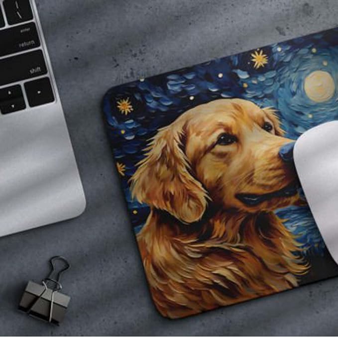 Starry Night Dog Mouse Pad for Home Office Gaming Working Desk Computer Desktop Accessories Non-Slip Rubber Mouse Pad for Dog Lovers (Golden Retriever)