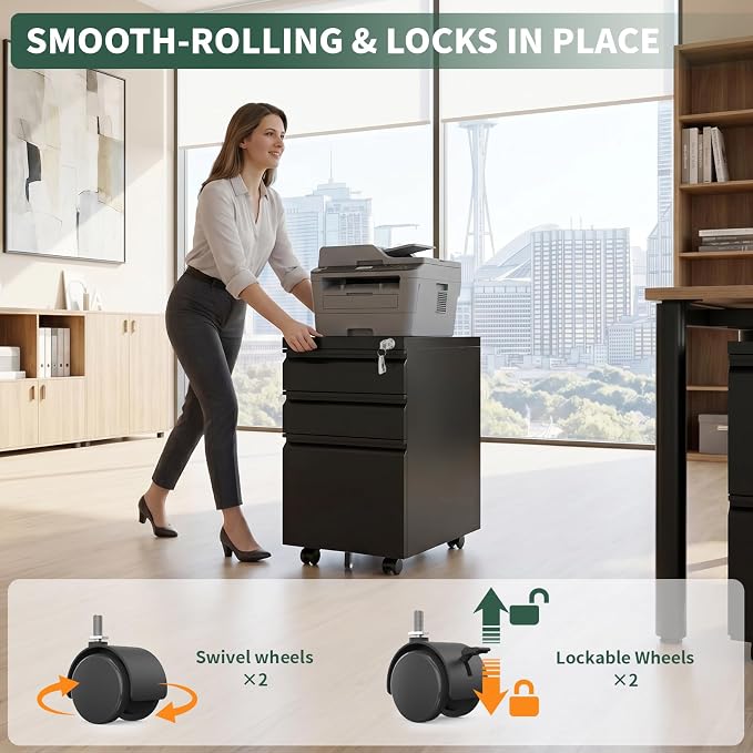 3 Drawer File Cabinet with Lock,Under Desk Filing Cabinet for Home Office Storage Letter/Legal/A4,Mobile Steel Cabinets with Wheels,Fully Assembled,Black