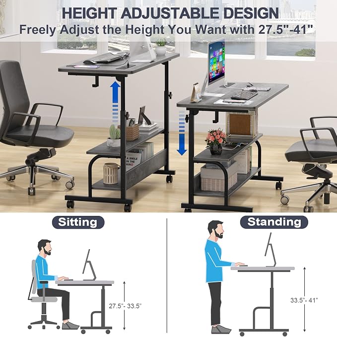 Armocity Rolling Standing Desk with Charging Station, Portable Height Adjustable Mobile Computer Desk with Wheels & 2-Tier Shelves & Hooks, Easy Assembly Laptop Table for Couch Bed, 39" Grey Oak