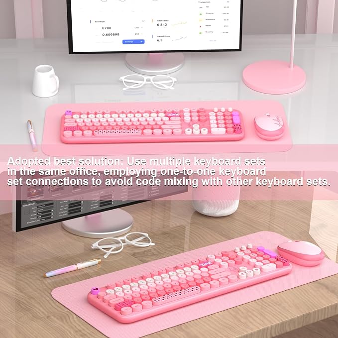 Wireless Keyboard Mouse,104 Full Size Cute Colorful Keyboard and Mouse with Retro Typewriter for PC/Mac/Laptop/Tablet/Computer/Windows/Microsoft, Pink