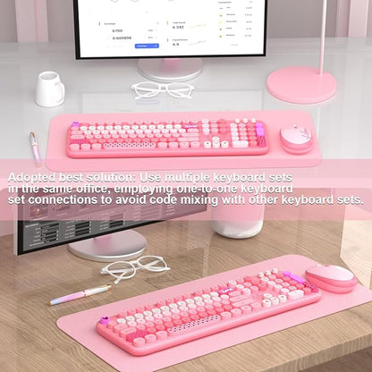 Wireless Keyboard Mouse,104 Full Size Cute Colorful Keyboard and Mouse with Retro Typewriter for PC/Mac/Laptop/Tablet/Computer/Windows/Microsoft, Pink