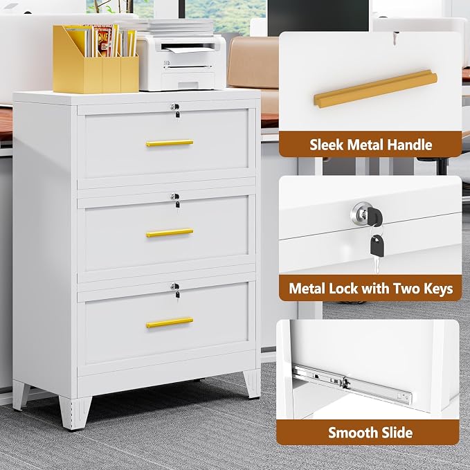 Metal Lateral File Cabinet with Lock,3 Drawer Steel Wide Filing Organization Storage Cabinets for Legal/Letter/A4/F4 Size with Hanging Files&Key,Lockable Printer Stand for Home Office, White