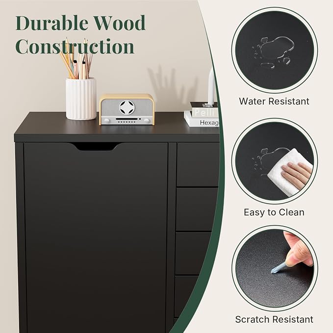 5-Drawer Mobile File Cabinet, Office Organizer with Door Black | Office Storage with Door and Adjustable Shelf Lockable Casters, Wood Printer Stand for Home Office, Living Room, Entryway