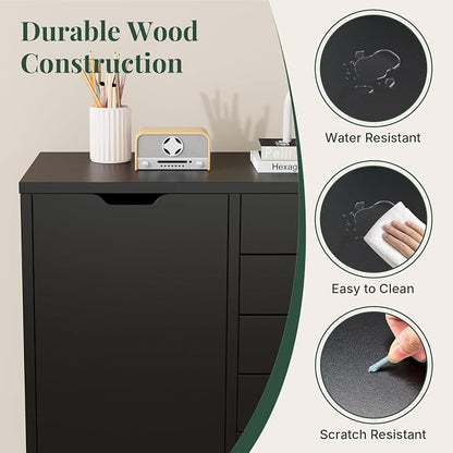 5-Drawer Mobile File Cabinet, Office Organizer with Door Black | Office Storage with Door and Adjustable Shelf Lockable Casters, Wood Printer Stand for Home Office, Living Room, Entryway
