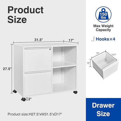 BYNSOE 2-Drawer File Cabinet Mobile Filing Cabinet with Lock Lateral File Cabinet Printer Stand with Open Storage Shelves for Home Office (White, Left Drawer)