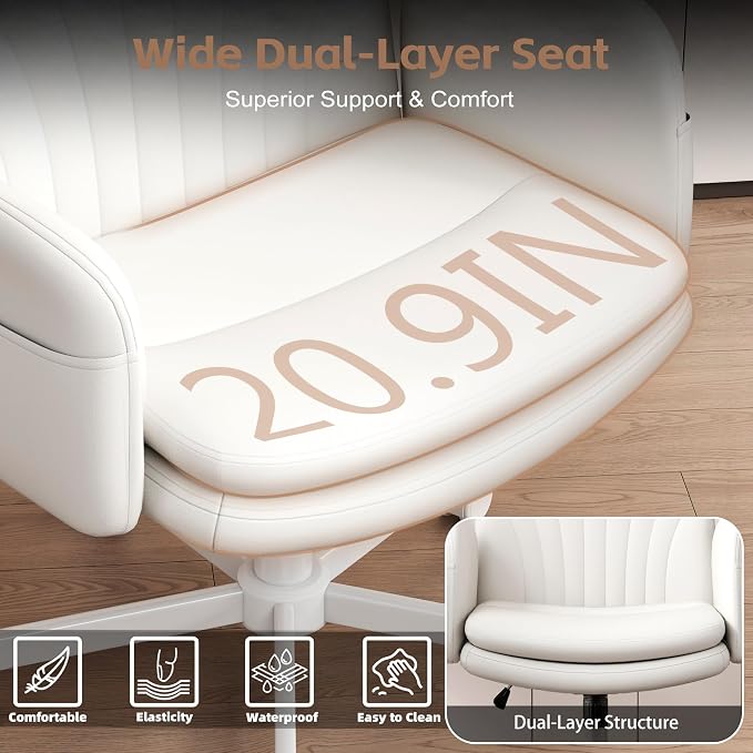 Vonesse Criss Cross Office Chair with Wheels & Armrests, Height Adjustable Vanity Chair, Makeup Chairs with Side Pockets Design, Comfortable Computer Desk Chairs for Home (PU Leather,White)