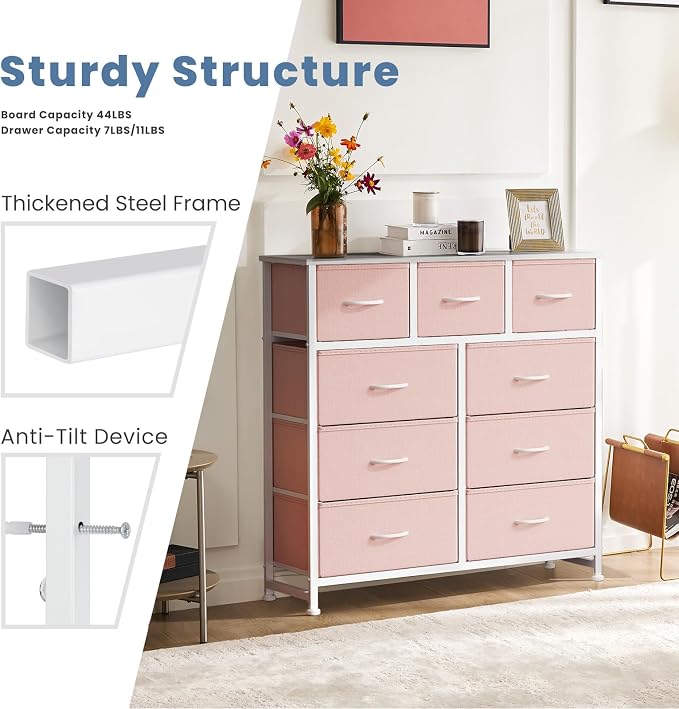 DUMOS Dresser for Bedroom, Storage Organizer with 9 Drawers, Chest of Drawers with Fabric Bins, Sturdy Metal Frame, Wood Tabletop for Guest Room, Closet, Entryway, Pink