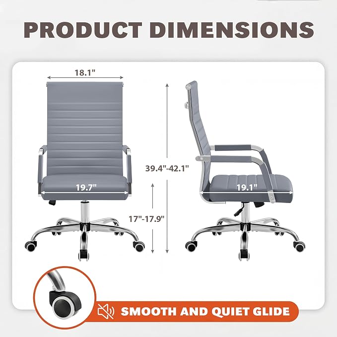 Furmax Ergonomic Office Desk Chair, Executive Ribbed Mid-Back PU Leather Conference Room Chair Adjustable Swivel Chair with Arms (1, Grey)
