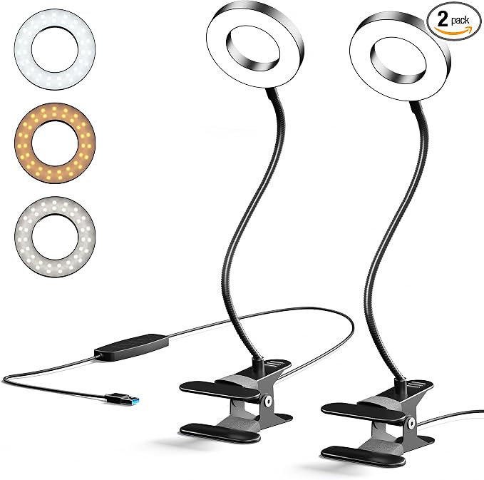2 Pack LED Clip on Desk Lamp, Metal 360 Adjustable Neck Eye-Caring Clamp Lamp with Memory Function, 3 Color Modes & 10 Brightness Levels for Home, Office, Dorm, Bedroom