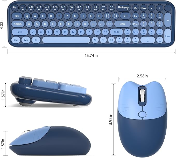 Wireless Keyboard and Mouse Combo, MOWUX Compact Typewriter Retro Round Computer Keyboard, Cute Optical Mouse Wireless, Plug and Play, for Laptop, PC, Computer- Sea Blue Gradient