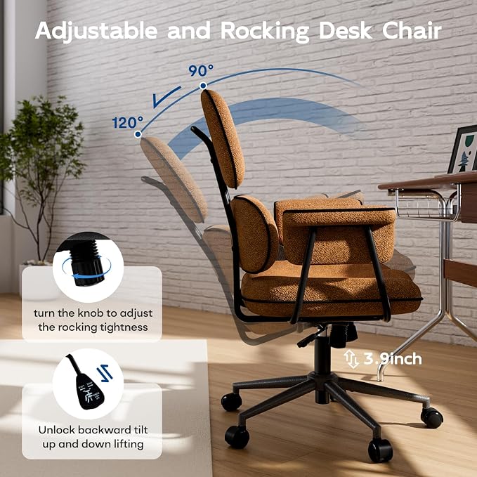HomeZeer Brown Office Chair, Memory Foam Seat Mid Century Modern Desk Chair | 3.9" Sloped U-Shaped Memory Foam Cushion, Granular Linen Fabric, Lumbar Support, 1.2mm Sturdy Metal Tube, 400LBS Capacity