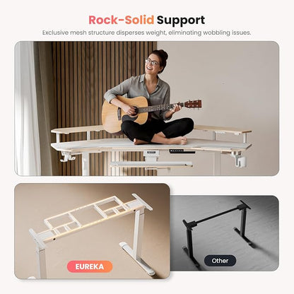 EUREKA ERGONOMIC Standing Desk with Keyboard Tray, Large Music Studio Gaming Desk, Wing Shaped Sit Stand Table 72'', LED Convertible Shelves, Dual Motor&Slot, Maple
