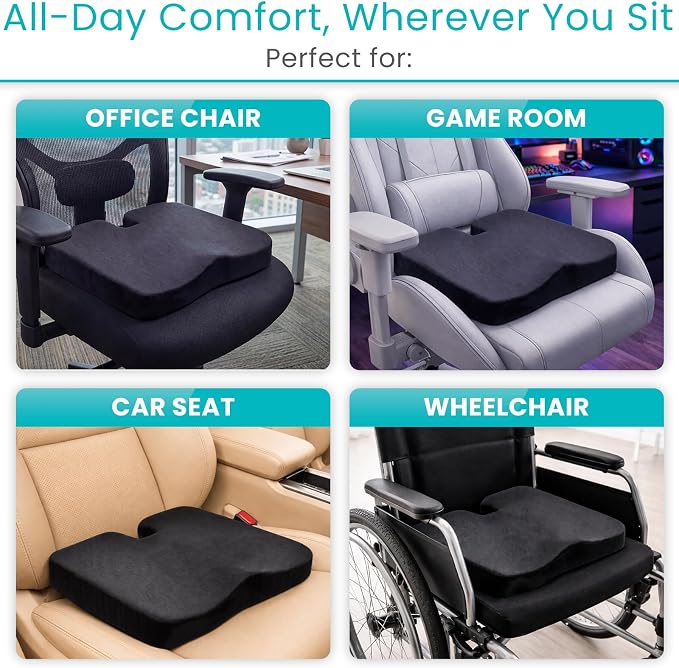 Vive Tailbone Cushion, Memory Foam Seat for Pain Relief, Sciatica, Coccyx & Back Support for Office Chair, Car, Wheelchair & Airplane, Water-Resistant Cover, 2-Layer Foam Comfort, Wheelchair (Black)