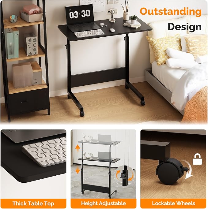 VINGLI Portable Computer Workstation, Standing Desk Adjustable Height, Small Computer Desk w/Rolling, Sit Stand Laptop Desk TV Tray for Bed Sofa Hospital Reading Eating, Black, 31.5"